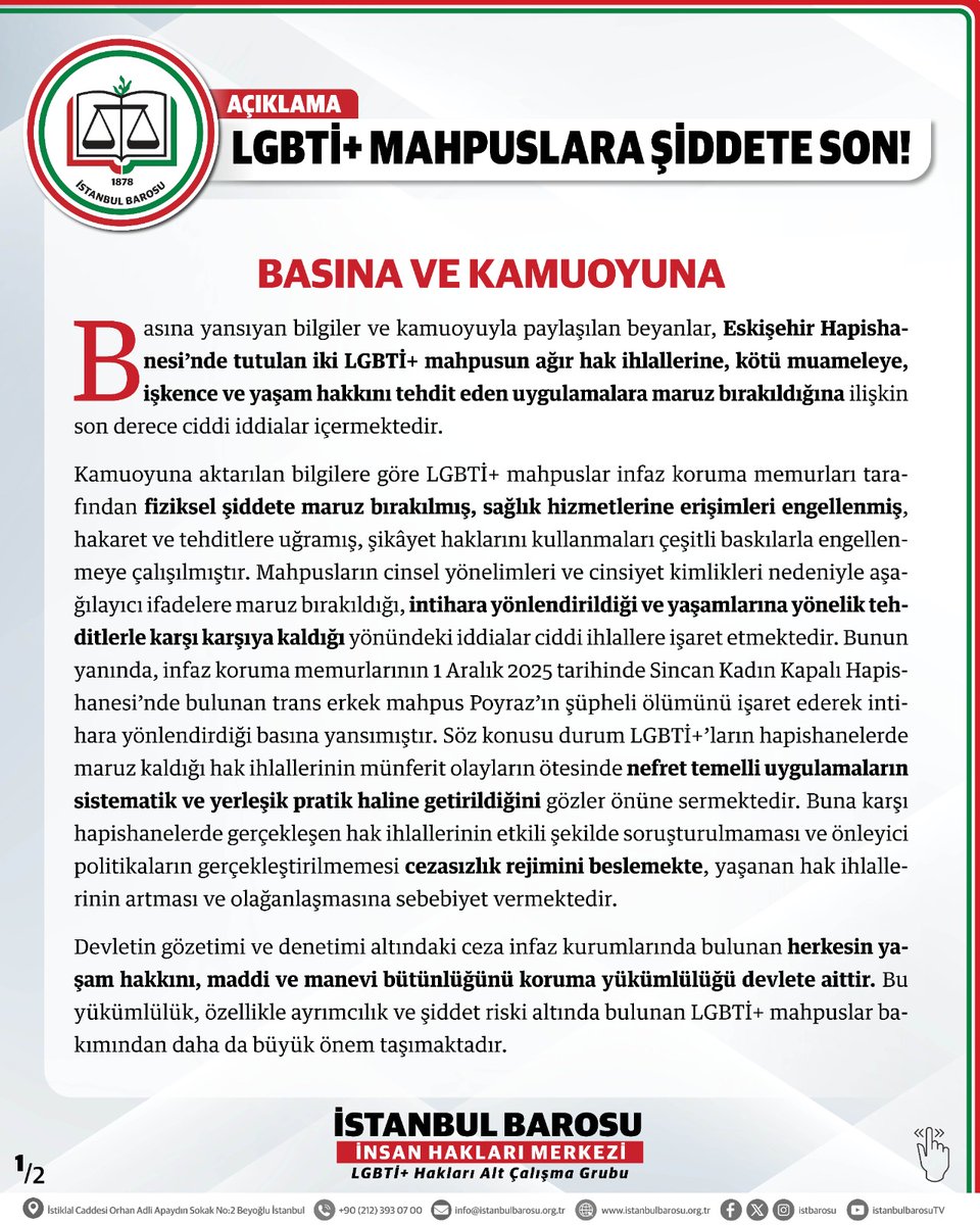 istbaroihm's tweet photo. Eskişehir Hapishanesi’nde LGBTİ+ mahpuslara yönelik hak ihlali ve kötü muamele iddialarına ilişkin açıklamamızdır https://t.co/6LGbN73fj5