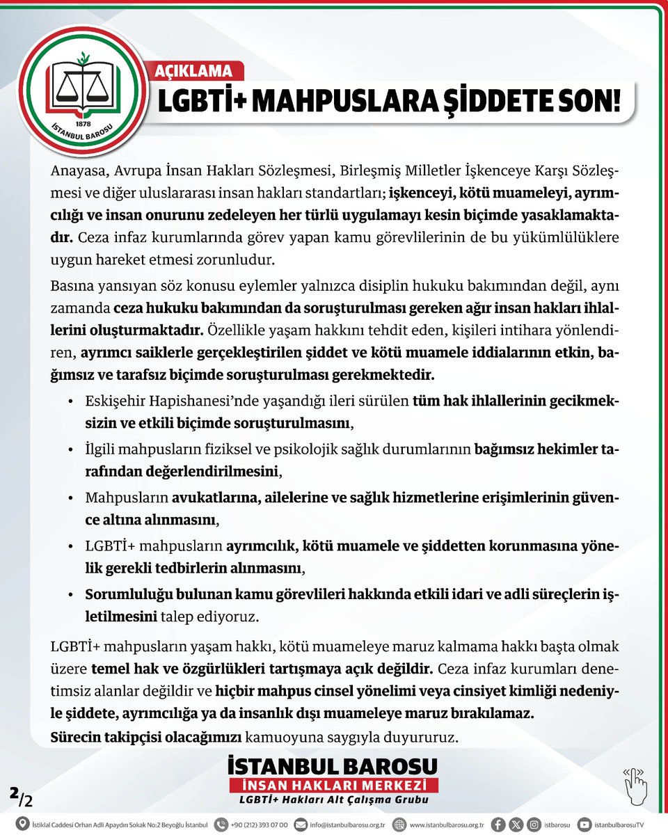 istbaroihm's tweet photo. Eskişehir Hapishanesi’nde LGBTİ+ mahpuslara yönelik hak ihlali ve kötü muamele iddialarına ilişkin açıklamamızdır https://t.co/6LGbN73fj5