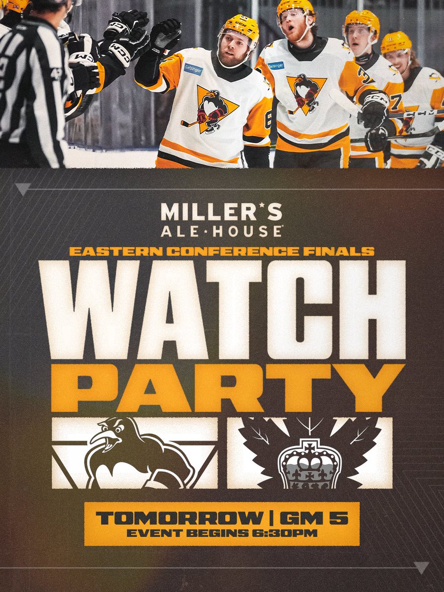 WBSPenguins's tweet photo. With the series tied 2-2, Game 5 is gonna be huge!

Head out to Miller’s Ale House TOMORROW NIGHT to cheer on the boys in the black and gold! https://t.co/r11XTp3TkD