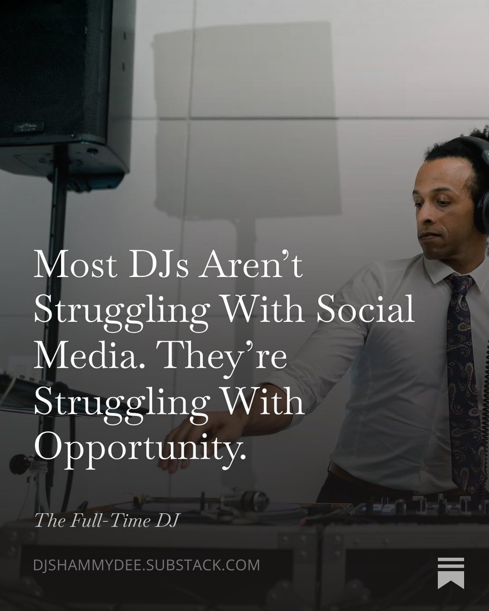 shammydee's tweet photo. On Monday, I spent a good amount of time talking to DJs about social media and their gigs.

One of the common themes that came up was about how to get more gigs through Instagram.

The main question was, “Can social media actually get me booked?”

I know it can.

It’s happened to me.

I’ve seen it happen for other DJs too.

One DJ I worked with before shared how she was getting multiple bookings through her Instagram profile. She would get DM’d often.

It’s definitely possible.

But here’s what’s interesting…

On Monday’s call, another DJ shared that one of their posts went viral.

They got more followers, lots of views, and more attention.

But they got no new gigs.

Same platform. Different outcomes.

Why?

Because you're probably making the same mistake about how you approach your socials. 

Let me show what the problem is and a different approach here:
https://t.co/5kloDmAnpS