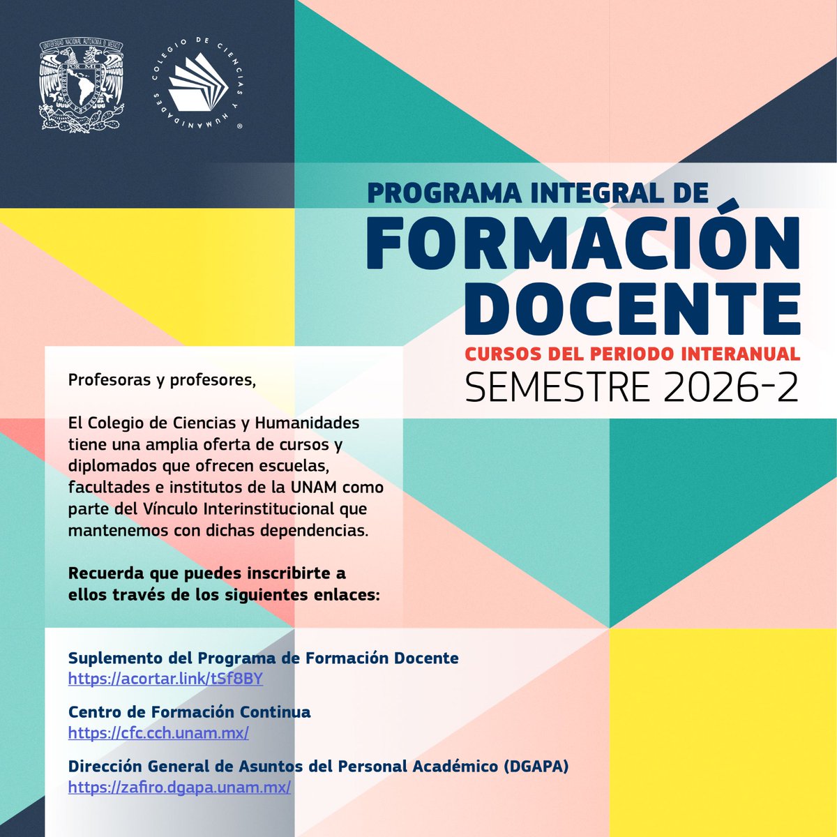 CCHUNAM's tweet photo. ¿Eres docente en nuestro Colegio de Ciencias y Humanidades? 🤓👩🏻‍🏫👨‍🏫

¡¡¡Tu formación y actualización es muy importante!!! 🧑🏻‍🏫📖📚

Conoce la amplia oferta de cursos y diplomados que las facultades, escuelas e institutos de la @UNAM_MX tienen para ti.

¡DALE CLIC! ⬇️⬇️ https://t.co/ioRGmWT49L
