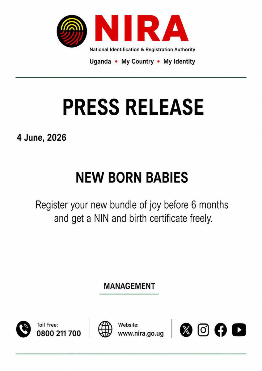 NIRA_Ug's tweet photo. For immediate release

#BirthRegistrationUg 
#NINRegistrationUg https://t.co/KbWYInqzmd