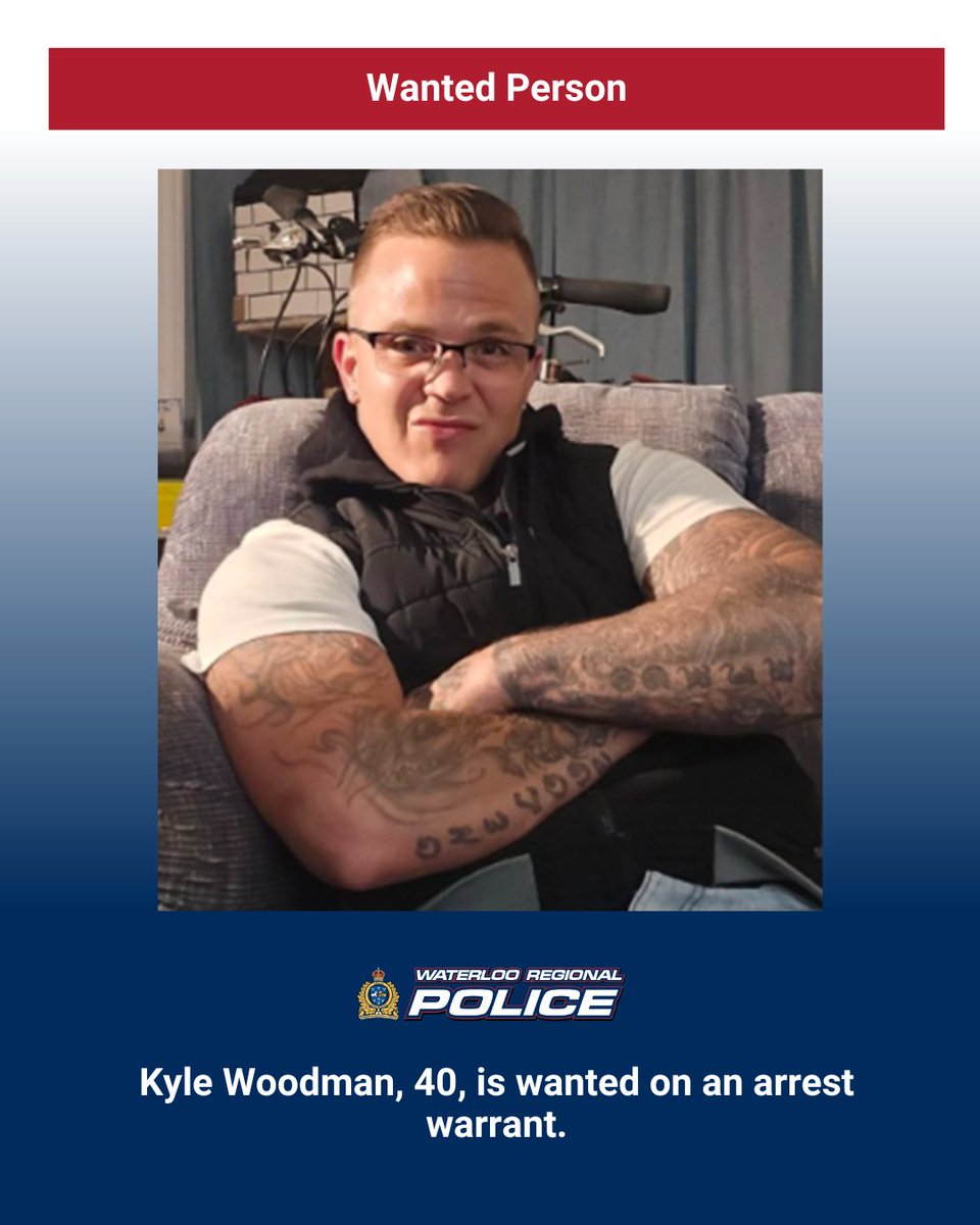 WRPSToday's tweet photo. Police are seeking the public’s assistance in locating a male wanted in connection to an investigation.

Kyle Woodman, 40, is wanted on an arrest warrant.

Anyone with information is asked to call the Waterloo Regional Police at 519-579-9668.

Anonymous information can be provided to Crime Stoppers at 1-800-222-8477 or @Waterloocrime.

WA26066810

Details: https://t.co/IBfnxMCKLq