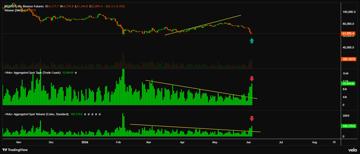 StockmoneyL's tweet photo. Bitcoin The whole pump from 60k to 82k happened on decreasing spot volume and was OI driven - gamblers fumbling around with leverage. Usually, these kind of pumps are bull traps.

Bitcoin Spot tape and volume now speak a different language. For the first time in 4 months we see relevant spot trading activity.

This does not mean this is the bottom, but rather that we are nearing a zone where there are heavy bids.

I expect the further we go down towards 55k, the more obvious this will become.

Hang in there.