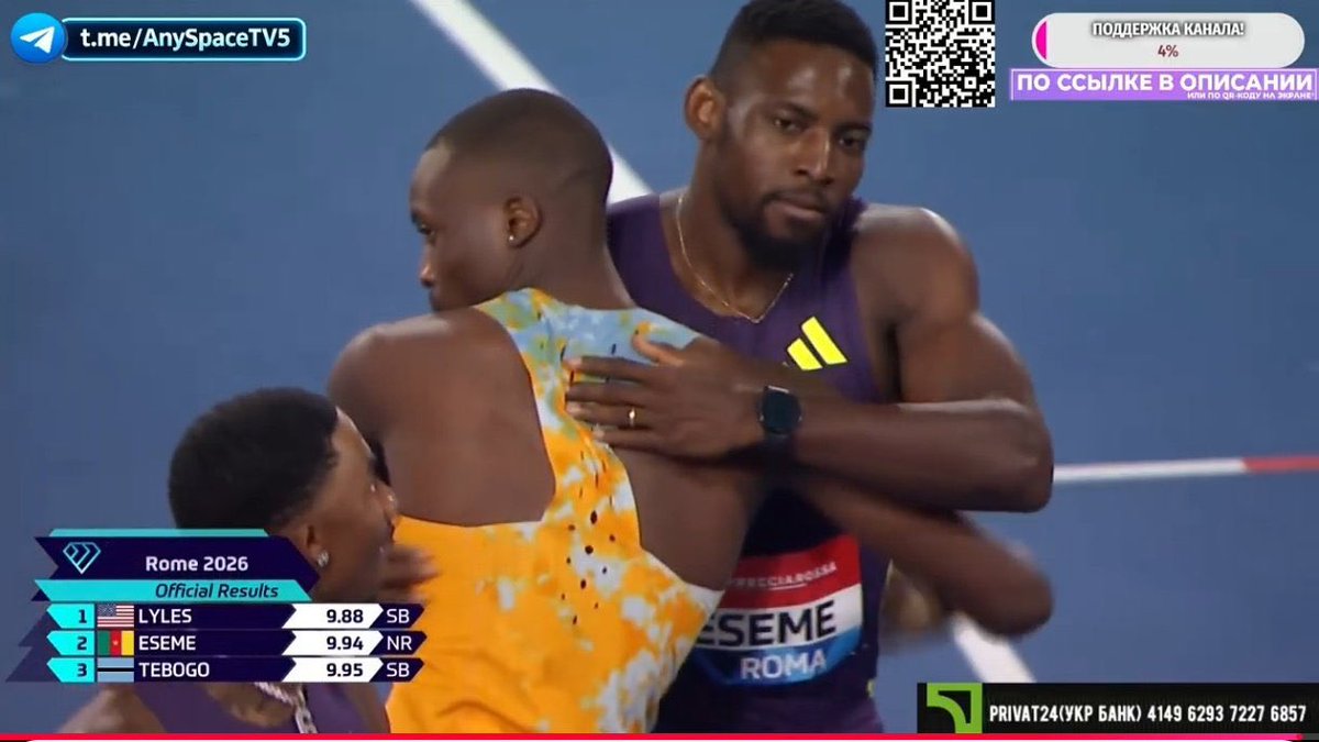 AllezLesLions's tweet photo. 🔴 Emmanuel Eseme termine deuxième du 100m en 9.94s au meeting de Rome, en Diamond League. Nouveau record du Cameroun sur la distance pour le sprinter camerounais. 💨⚡️🇨🇲

La course a été remportée par le champion olympique Noah Lyles en 9.88s. https://t.co/sTYHTMR9j7