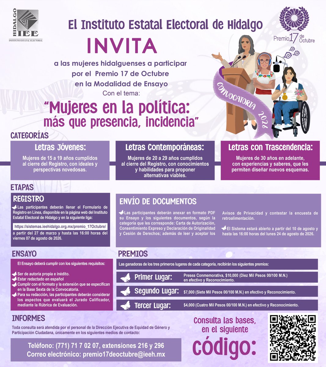 impepac's tweet photo. 📝✨ ¡Participa en el Premio 17 de Octubre! ♀️🏛️

📚 Ensayo: “Mujeres en la política: más que presencia, incidencia” 💜

📲 Escanea el QR y consulta las bases de participación.

#Participa #MujeresEnLaPolítica https://t.co/fgA6ImKhic