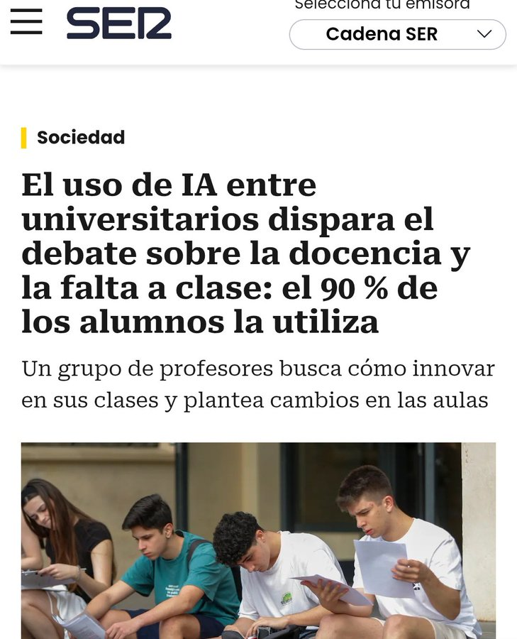 virginiog's tweet photo. ¿Cómo enseñar en tiempos de la IA?   

No se trata de detectar si han usado la IA, sino de "asegurarse de que la usan correctamente para su formación"

Ya no es un enemigo, sino un complemento, y así hay que entenderlo  https://t.co/BuPxgvml5I https://t.co/bLCd5Tgd2f