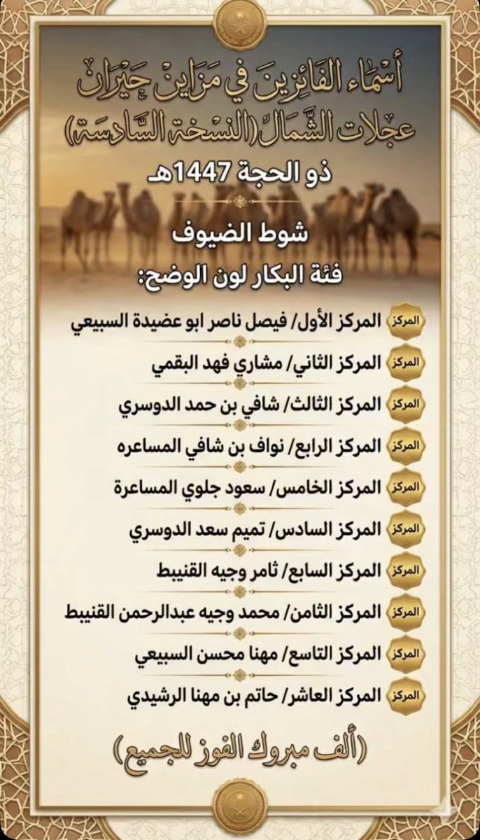 bdu503's tweet photo. ابارك لفيصل بن ناصر ابو عضيده المراكز الاولى في اشواط الضيوف في مزاين عجلات الشمال
بانتاج الفحل سهاج الله يبارك لهم 

شوط البكار لون الوضح 🥇
شوط القعدان لون الصفر والشعل 🥇 https://t.co/mf44Y4Zb6d