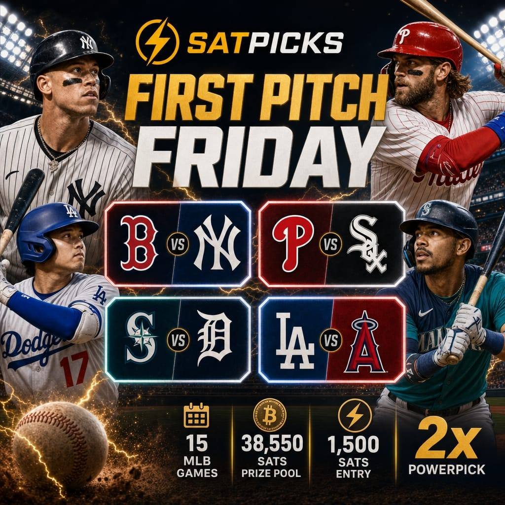 SatPicks's tweet photo. ⚾ First Pitch Friday is LIVE on SatPicks!

Everyone sees Yankees/Red Sox first.  

But First Pitch Friday probably gets won in the uncomfortable spots: Phillies chalk vs a live White Sox record, Mariners at Detroit, Rays at Miami, then Dodgers/Angels sitting late to wreck clean cards.  

That’s the board.  

⚡ 38,550 sats prize pool 
⚡ 1,500 sats entry 
2x PowerPick 

https://t.co/ZJMrHneIu9