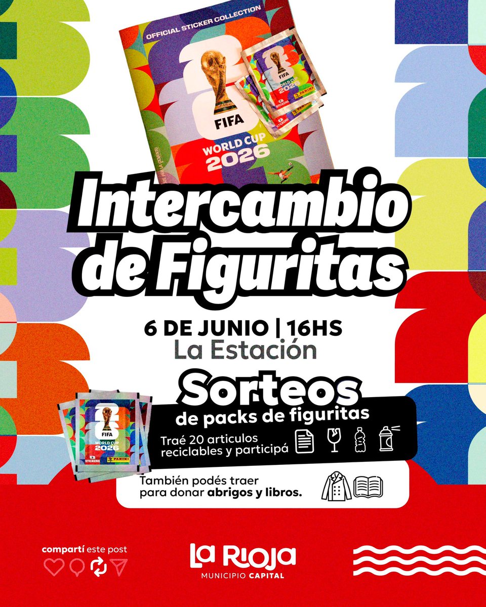 Munilarioja's tweet photo. 🥳✨No te pierdas este 6 de junio, participa del sorteo en La Estación y gana las figuritas del Mundial.

✨♻️ Canjeando 20 elementos reciclables ya estas participando. https://t.co/al0vsLTaPg