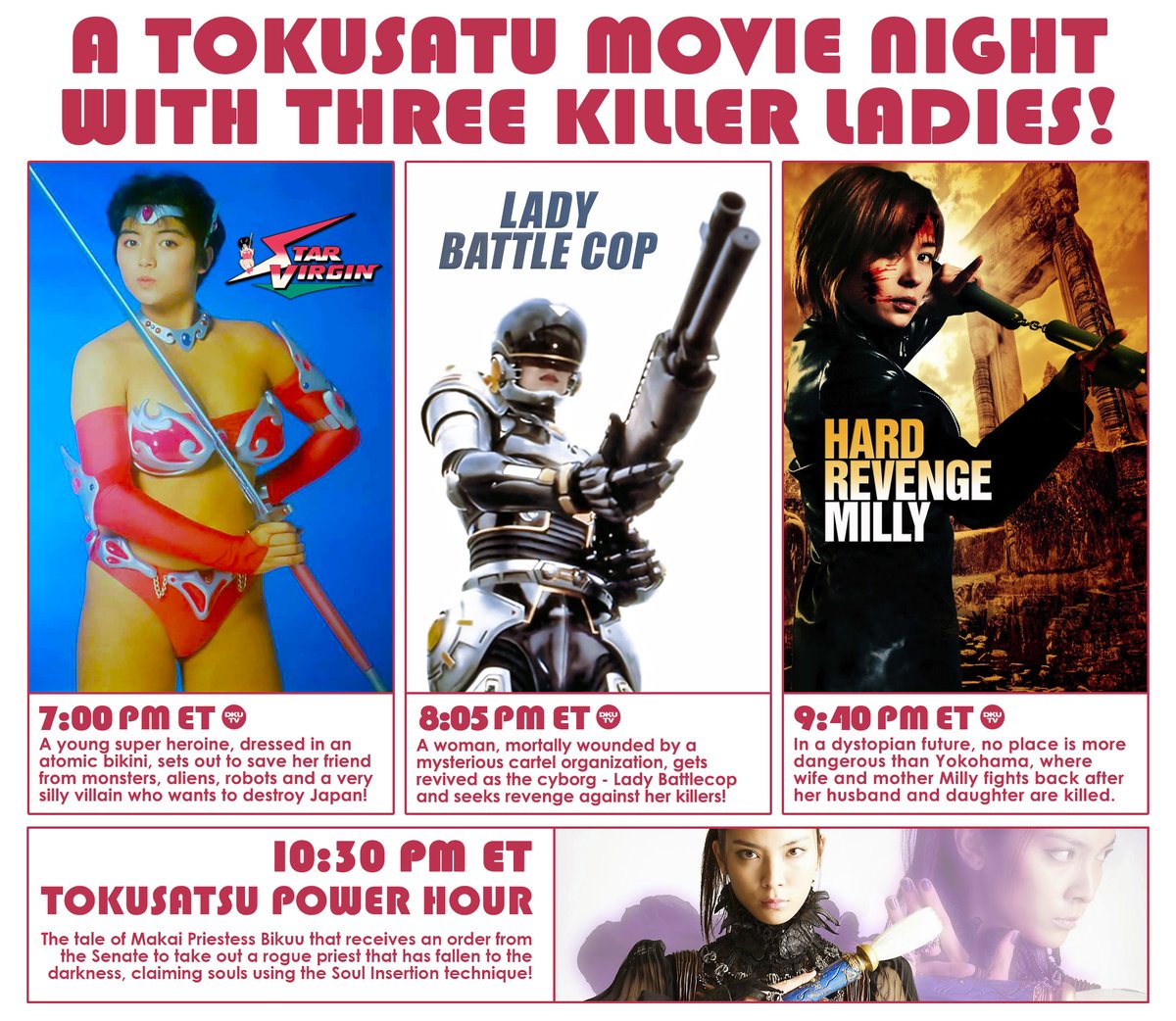 DKUTV's tweet photo. Coming up, @DKUTV has three killer ladies of action to introduce you to on Tokusatsu Night at the Movies. It all starts at 7 pm ET with STAR VIRGIN, a fun-loving alien princess with a chastity belt that gives her powers whenever perverts are near in this 1988  Tokusatsu gem. https://t.co/g9jzvDGrnt