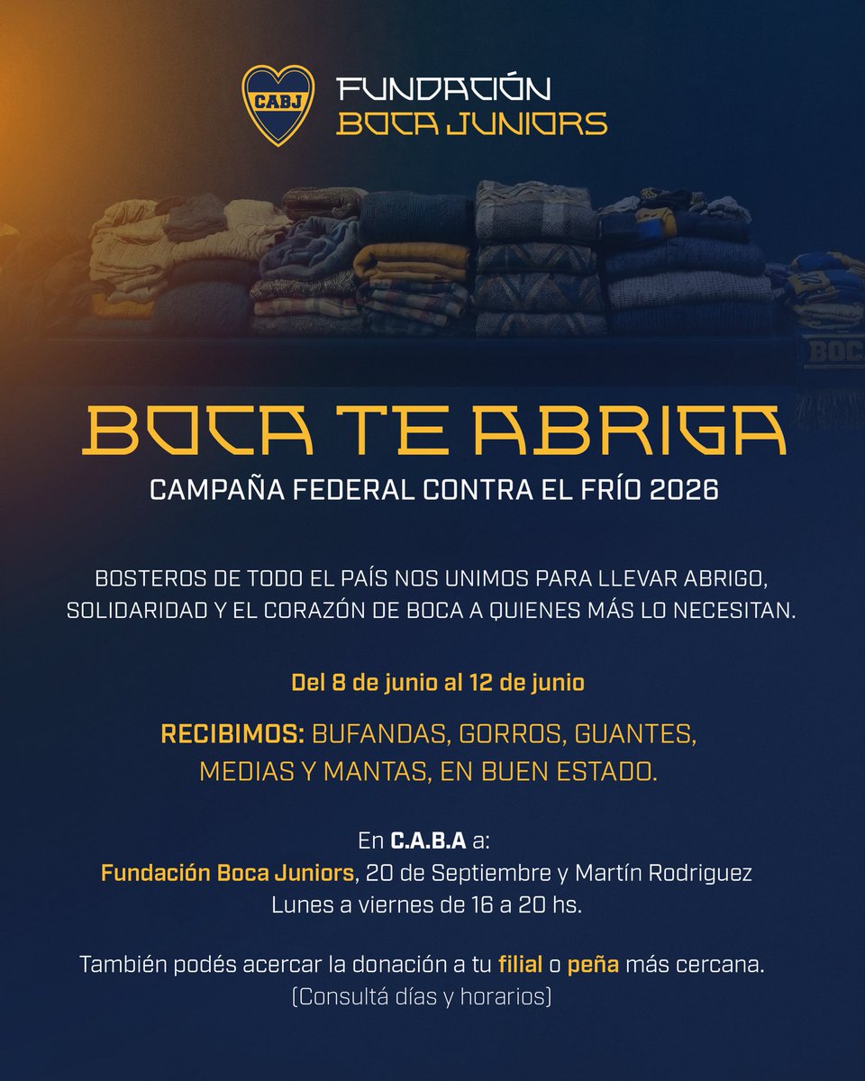BocaFundacion's tweet photo. Desde Fundación Boca Juniors te invitamos a sumarte a Boca Te Abriga, la campaña solidaria para acercar calor y contención a cada rincón del país 💙💛💙 https://t.co/IHoKONjCmv