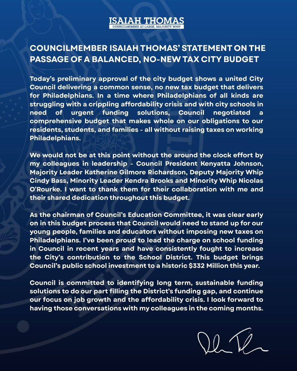 CMThomasPHL's tweet photo. A balanced, no-new-tax budget delivering for Philly investing in schools while protecting working families. Grateful for Council’s collaboration and committed to long-term solutions for our students and neighborhoods. https://t.co/BxWYZSmnJ7