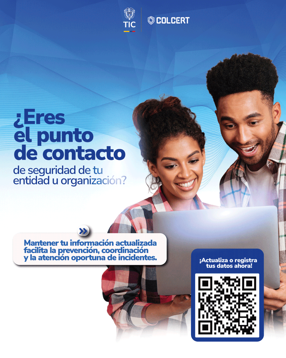 colCERT's tweet photo. ¿Eres #CISO  u Oficial de Seguridad? 🔊 Desde el #ColCERT te invitamos a registrar o actualizar tus datos en:▶️ https://t.co/k7La77VSFT
Haz parte del fortalecimiento de la prevención, coordinación y respuesta frente a incidentes de seguridad digital en el país.✅
#MásPreparados #MinTIC