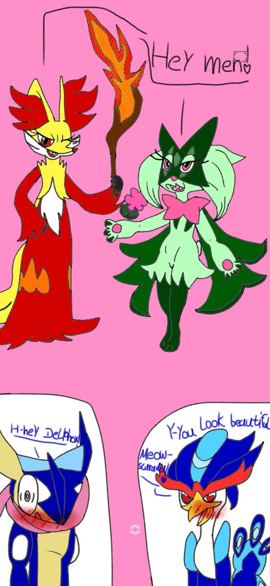 DarjaMolinaro's tweet photo. Hi guys! I made a drawing again for today! X3 ^v^ #pokemon #meowscarada #quaquaval #delphox #greninja #meowscaradaxquaquaval #delphoxxgreninja #pinkbackground #impressed #smiling #hearts #blush #fire #magic #cute #kawaii #myartwork https://t.co/FxDptSGOhy
