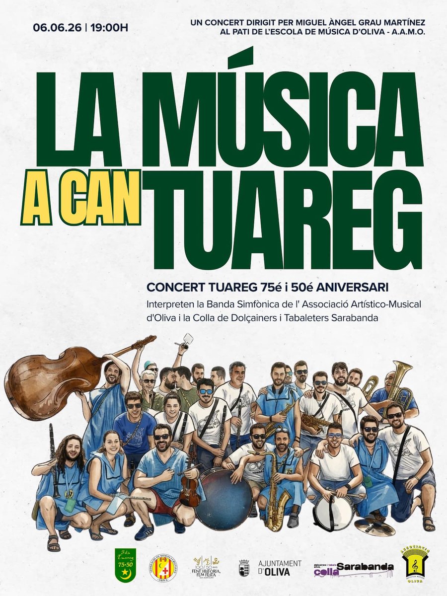 AAMOliva's tweet photo. 📣Cap de setmana intens per a la banda de l'Associació Artístico Musical d'Oliva! 
👉Dissabte 6, a les 19 h i al pati de l'escola, concert 'La música a can Tuareg'. 
👉Diumenge 7, a les 19 h, des de l'església de Sant Roc, processó del Corpus Christi.
ℹ️https://t.co/OauyBwpAku https://t.co/Zjrn28nQ7m
