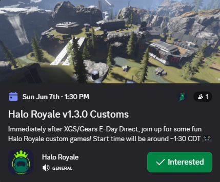 Skisma_'s tweet photo. Halo fam!

I'll be running a Halo Royale customs lobby THIS SUNDAY, immediately after the XGS event!

This build will feature:
- A new re-connect feature 🛜
- A fix for proper FFA placements 🥇🥈🥉
- Loot box balancing ⚖️
- + More! https://t.co/wgMF2DjXiO
