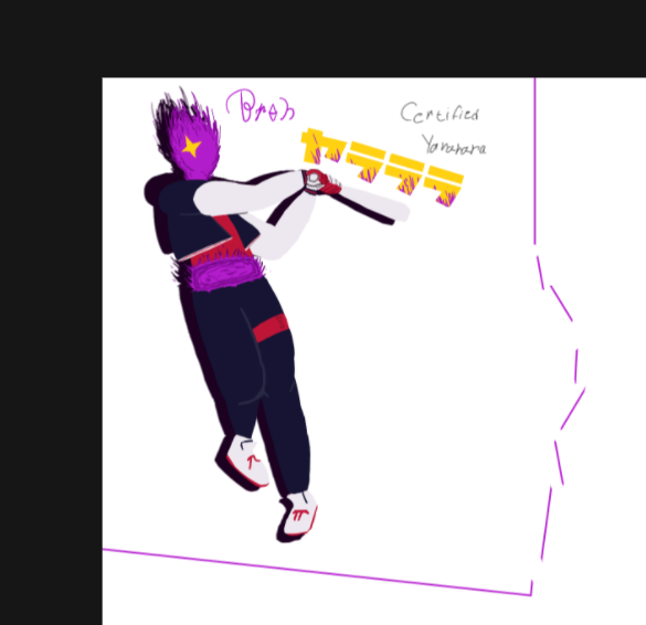 ElsewhereBrob's tweet photo. Drawing in magma with friend group for one of our members. I genuinely proud of this one. Yes i took pose of Batter from OFF. Yes its YARARARA outfit and text. No its not Beheaded from Dead Cells https://t.co/Sr7I4XXY2c