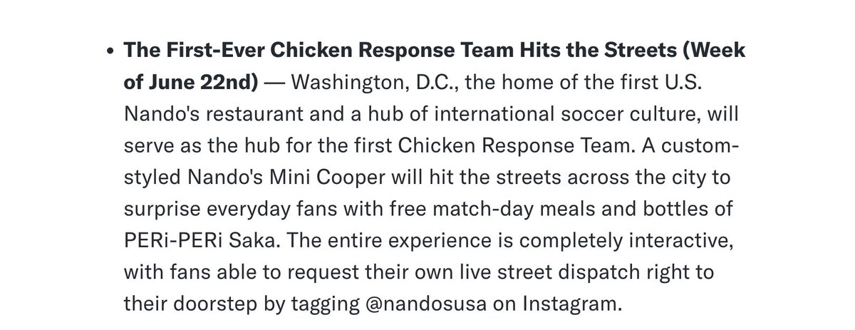 ellabrockway's tweet photo. What a sentence: Nando's PERi-PERi [Bukayo] Saka sauce is coming to the US for the World Cup, and the launch includes a first-of-its-kind Chicken Response Team (!) based in DC https://t.co/WM5VGR55u1
