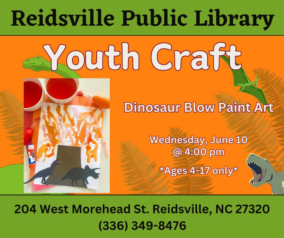 RCP_Library's tweet photo. Bingo and Youth Craft making Dinosaur Blow Paint Art at Reidsville Library on Wednesday, June 10th! 🎱🌋 https://t.co/67JcfoqIv5