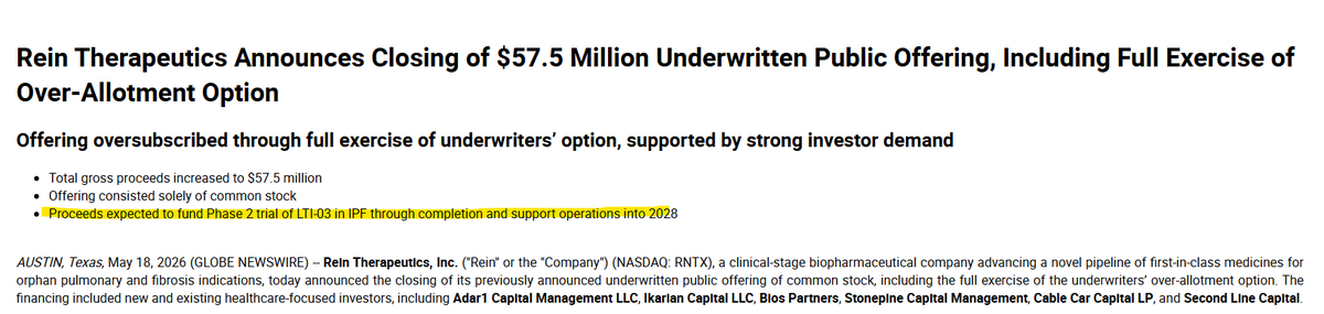 AnotherBio's tweet photo. 7/x $RNTX 1.02 vs placement at 1$ with some very nice names who love to fish in smaller ponds, love all names on the register. Like this a lot actually, quite the small IPF play, Phase 2 picking up steam. Final data probably 15-24 months out, but there will be an interim Q4 2026. 

Probably more likely to fail than not, but a 5x-10x if it succeeds and I think it´s one of the names that will pick up tons of interest once a catalyst arrives.

Probably still 5/10 poops on the ShitCo scala.