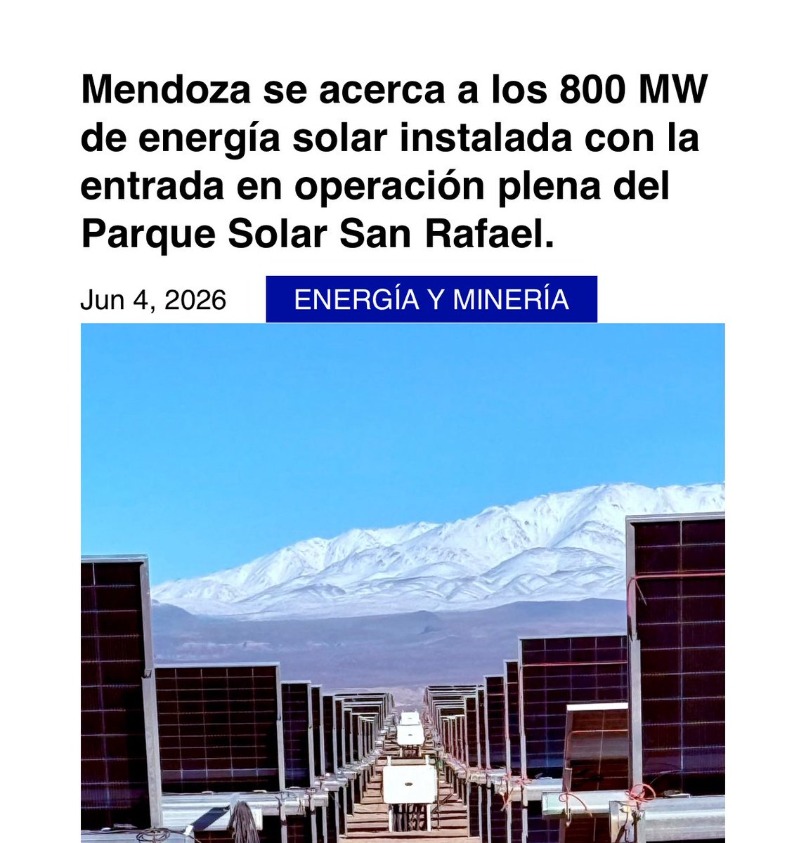 JimehLatorre's tweet photo. Mendoza sigue consolidando una transición energética concreta.Con la operación plena del PS San Rafael nos acercamos a los 800 MW d energía solar instalada y fortalecemos una matriz energética limpia y competitiva para acompañar el desarrollo productivo
👉 https://t.co/W5OXVnMYtD https://t.co/o6PwvVNhY1