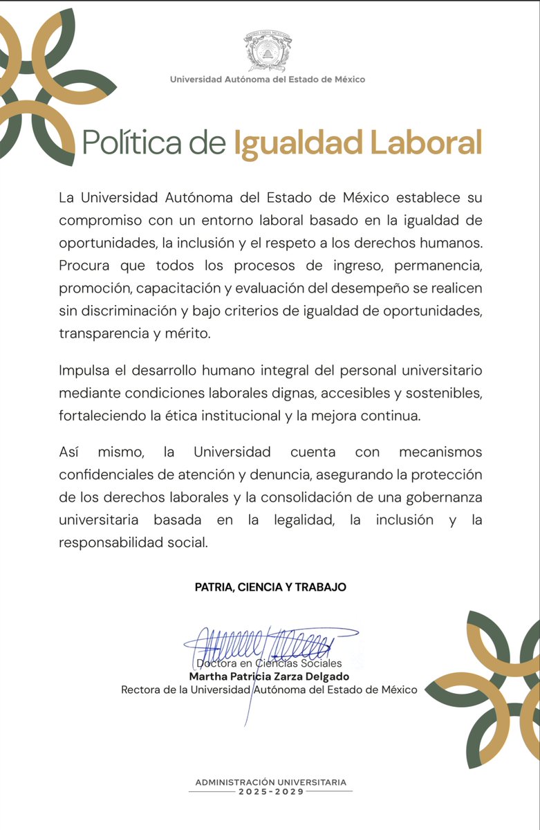 SECCUUAPUAEMEX's tweet photo. Con el compromiso de impulsar entornos laborales basados en la inclusión, la transparencia y el respeto a los derechos humanos, compartimos la Política de Igualdad Laboral de la @UAEM_MX, firmada por nuestra Rectora, @PatyzarzaUaemex. 🏛️⚖️💼 https://t.co/bXowV6ibSg