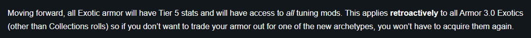 Enloe92's tweet photo. @Destiny2Team does this mean you can swap archetypes on 3.0 exotic armor (except class items) or only that you have access to all t5 tuning mods? Wording is a bit convoluted. https://t.co/sajhuJBN7L