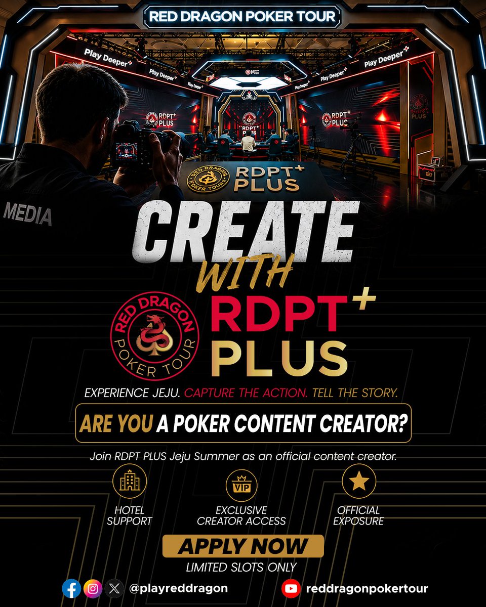 playreddragon's tweet photo. This July, RDPT PLUS Jeju Summer (Jul 8–19) invites passionate poker content creators to capture the action, meet players from around the world, and create content from the heart of the series.
Selected creators will receive exclusive event support, creator access, and opportunities to be featured across RDPT channels while sharing their own unique stories from Jeju.
Ready to create with RDPT PLUS?
📩 DM us to learn more.

𝑹𝑫𝑷𝑻 𝑷𝑳𝑼𝑺 𝑱𝑬𝑱𝑼 𝑺𝑼𝑴𝑴𝑬𝑹
🗓 Jul 8-19
💰 Red Dragon Plus Championship | KRW 1.8 Billion GTD prize pool
➡️ Full event schedule: https://t.co/nSeb6D3IKN
📩 Check Early Bird packages on our page and DM for inquiries.

#playreddragon #reddragonpokertour #rdptjeju2026 #RDPT #rdptplus #pokertournament #pokercreator #creatorprogram