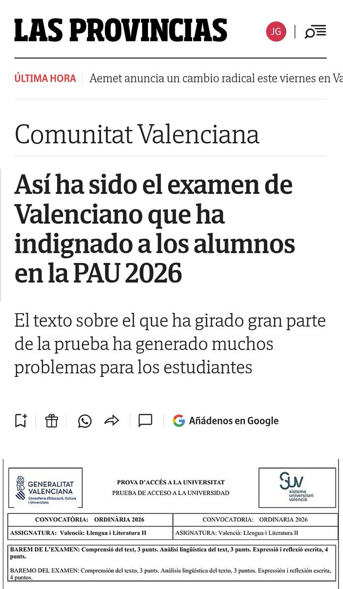 Sentandreu's tweet photo. Si no puedes elegir el idioma en los colegios y el catalán suplanta al castellano y al valenciano y dejas la política lingüística en manos de  la catalanista y batasuna Academia Valenciana de la lengua @AVLoficial a la que la @generalitat Valenciana sigue financiando con más de 3 Millones al año y no eres capaz de plantar cara a los sindicatos independentistas a los que sigues subvencionando con el dinero de los valencianos,...el resultado es este.
