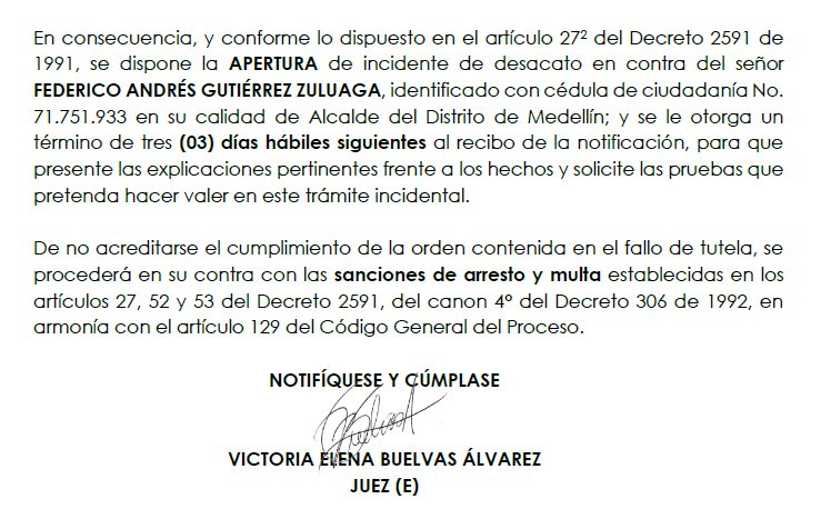 Santialar5611's tweet photo. Es por eso  que el despacho decreto la apertura del incidente de desacato que habiamos solicitado y dió a @FicoGutierrez hasta el martes de la próxima semana plazo para cumplir lo solicitado antes de emitir sanciones en su contra 👇🏾 https://t.co/JPCq6LnlnV
