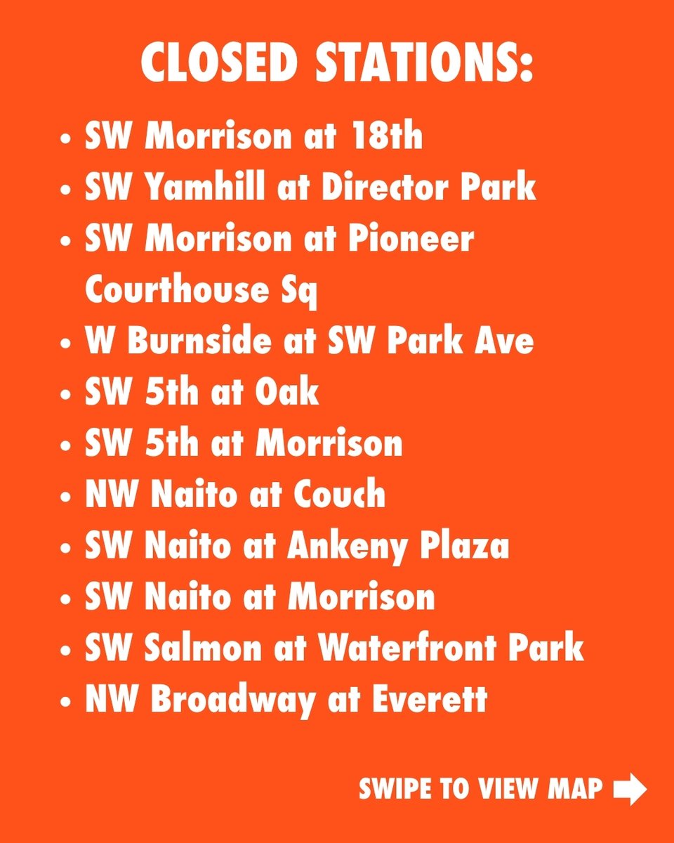 BIKETOWNpdx's tweet photo. Heading to the Grand Floral Starlight Parade on June 6th?

Select downtown and waterfront stations will be closed from 6:30 PM - 10:30 PM to accommodate the parade route.

Check the images below for the full list of open/closed stations and the closure area map. https://t.co/EQNsiLwtmx