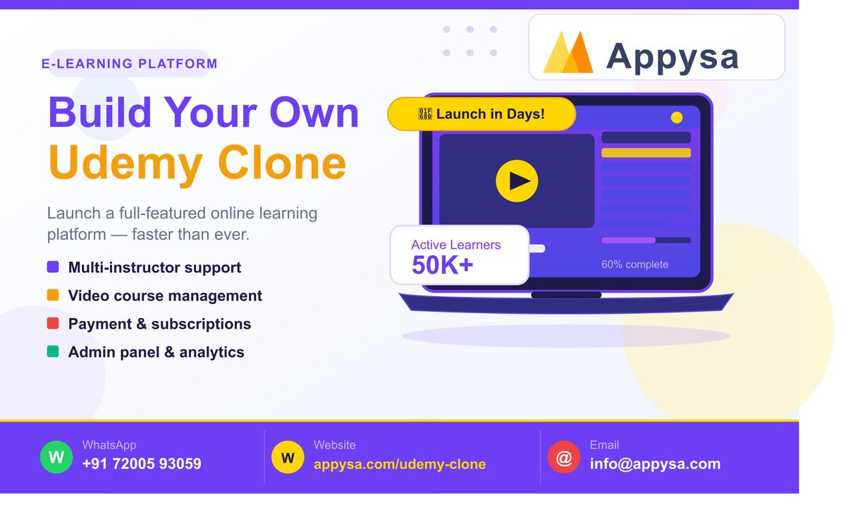 appysaa's tweet photo. Want to build the next Udemy?
Appysa's Udemy Clone gets you there fast. 
✅Multi-instructor support 
✅Video course management. 
Visit: https://t.co/dUtaLQor4C 
#Unitedstates #australia #canada #business  #UdemyClone #EdTech #OnlineLearning #AppDevelopment #AppySa #eLearning #UK https://t.co/z6kw5tHkhe