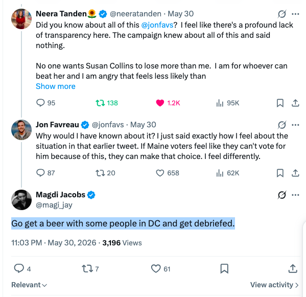 magi_jay's tweet photo. Also check in on the Platner champions who have suddenly gone quiet on Maine. Maybe some of them took my advice. Maybe others have known all along. We'll see. https://t.co/7DSml1Mvas
