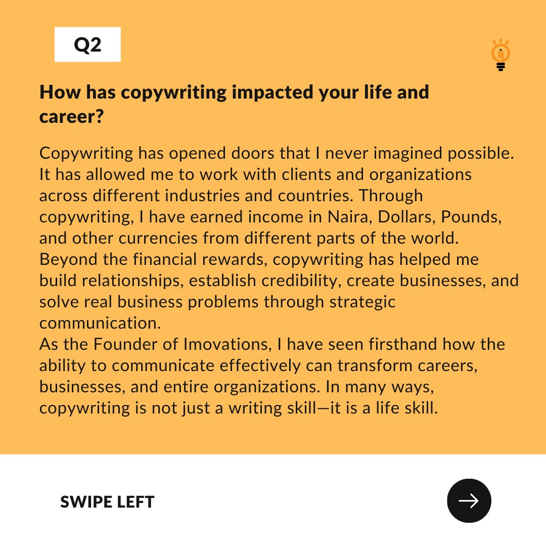 TheImovations's tweet photo. From Nairaland in 2006 to global opportunities through copywriting.

Adetola Ogunsola shares his journey in this carousel—and why you should keep an eye out for the upcoming Imovations Copywriting Training. ✍️

#Copywriting #Imovations https://t.co/O8EEOrw8ya