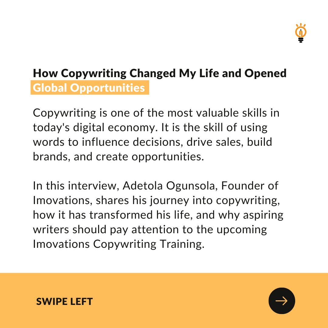 TheImovations's tweet photo. From Nairaland in 2006 to global opportunities through copywriting.

Adetola Ogunsola shares his journey in this carousel—and why you should keep an eye out for the upcoming Imovations Copywriting Training. ✍️

#Copywriting #Imovations https://t.co/O8EEOrw8ya