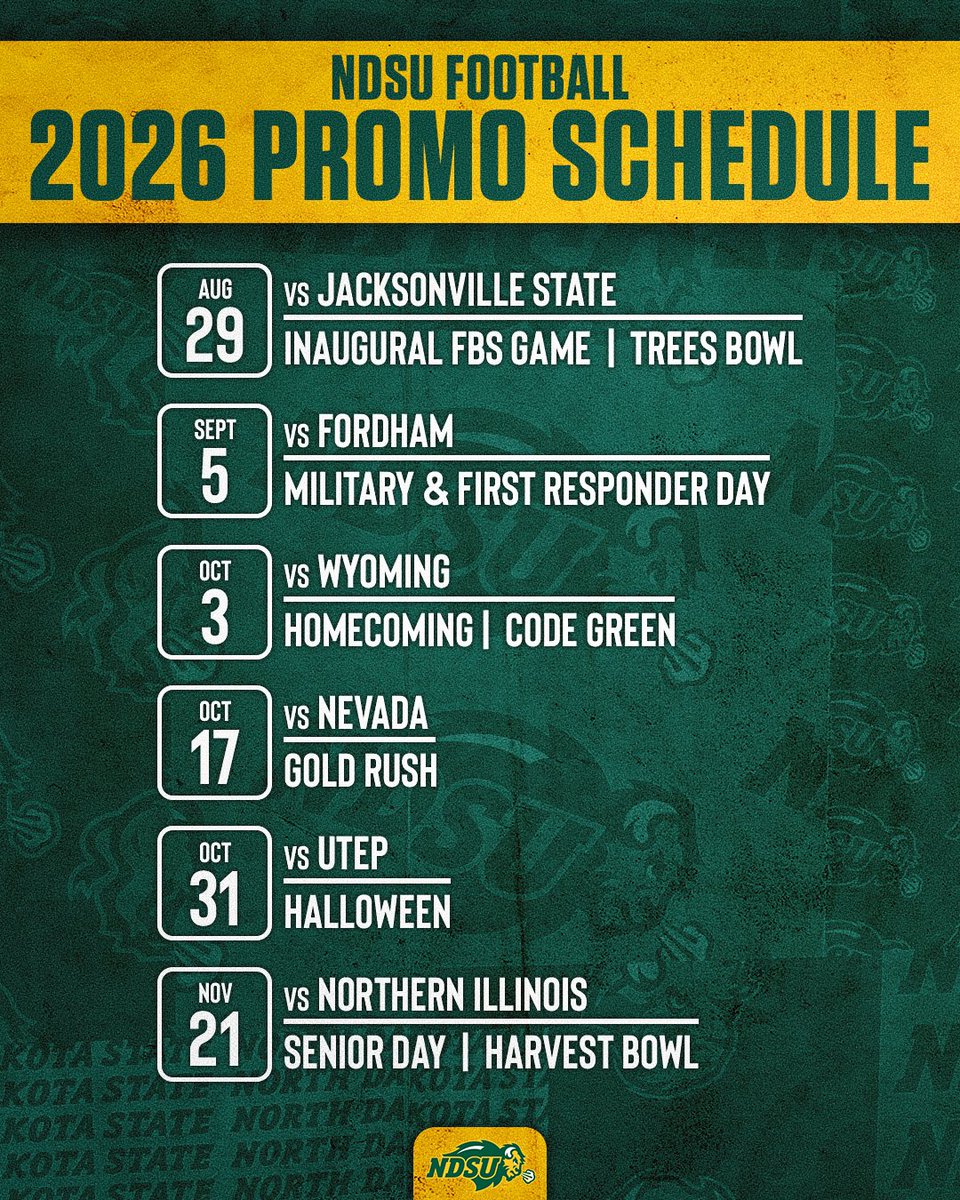 NDSUfootball's tweet photo. Mark your calendars! We've got 6 parties planned at the Fargodome this fall, and you won't want to miss a single one!

📝: https://t.co/gqc4FCvOpC
📅: https://t.co/if1CwPzlzj
🟢🟡: https://t.co/U4b2j2ljAi https://t.co/FUFCnOKzwA
