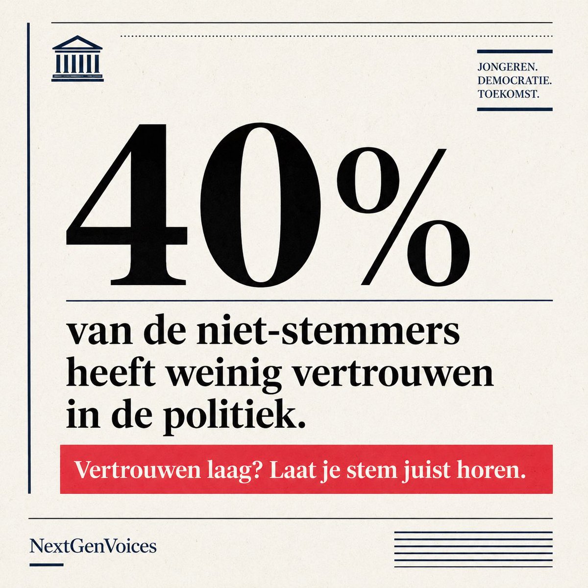 NextGenVoicess's tweet photo. 40% van de niet-stemmers noemt weinig vertrouwen in politiek als reden om thuis te blijven.

Dat gevoel is serieus. Maar als je stil blijft, verandert er niets.

Laat je stem juist horen.

#NextGenVoices #JouwStemTelt #Nederland #Viral #Stemmen #Nederlandsepolitiek https://t.co/LQiBARfVo4