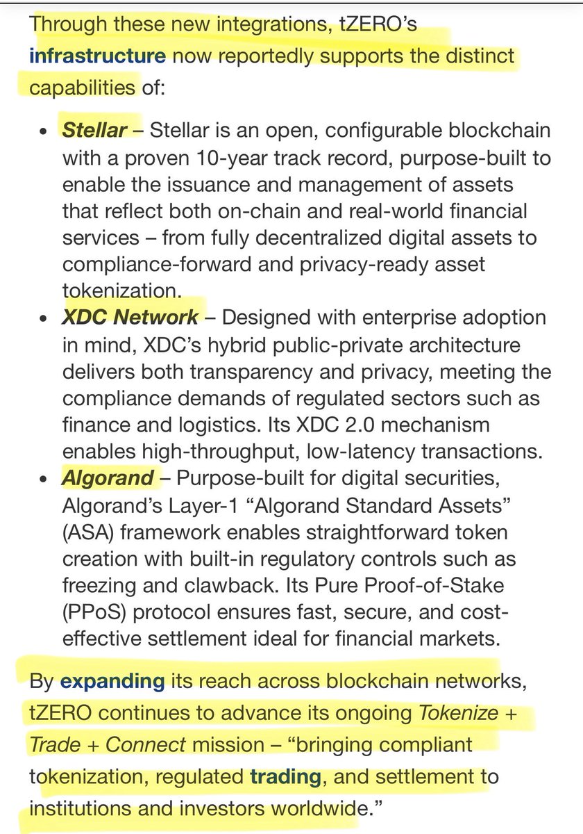 SMQKEDQG's tweet photo. Yes, tZERO’s infrastructure is integrated with XLM, XDC, and ALGO.✅

Documented below.📝👇 https://t.co/0GdIrgBxzV
