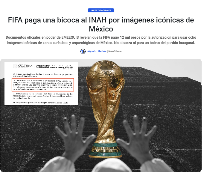 emeequis's tweet photo. Documentos oficiales en poder de EMEEQUIS revelan que la FIFA pagó 12 mil pesos por la autorización para usar ocho imágenes icónicas de zonas turísticas y arqueológicas de México. No alcanza ni para un boleto del partido inaugural.

https://t.co/iSzA9ca0yP https://t.co/ljvXfTReew