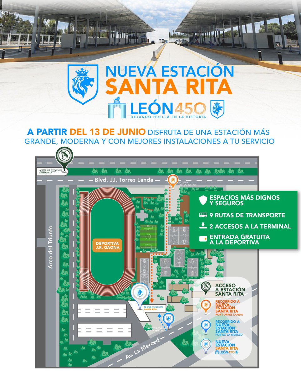 municipio_leon's tweet photo. 🚍 Moverte por León será más cómodo.

Desde el 13 de junio, la nueva Estación Santa Rita te espera con mejores instalaciones y accesos para tu día a día. ¡A León le va bien y vamos por más! 🙌🏼🦁 https://t.co/BrGCRP96Qi