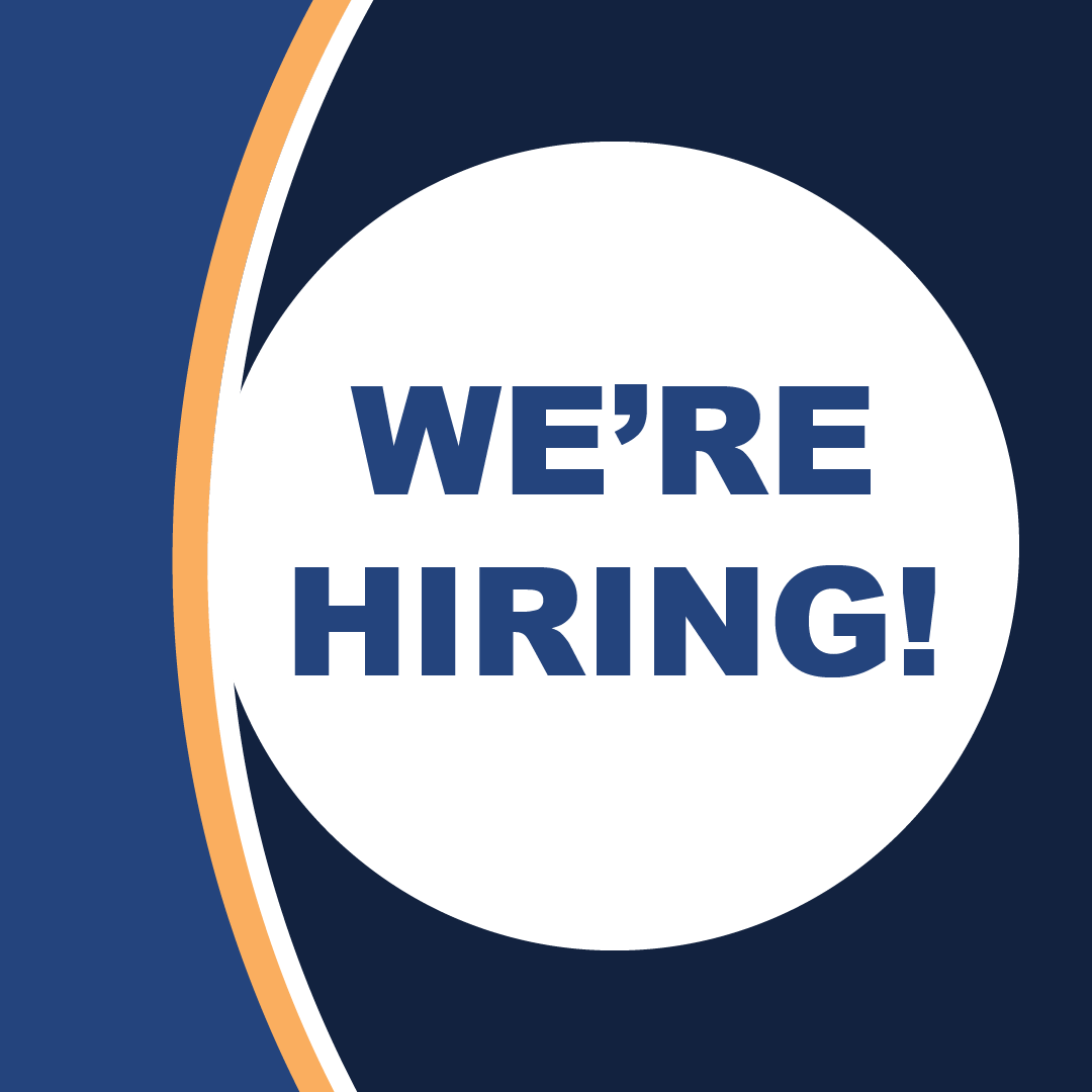 A graphic with a dark blue and orange wavy border on the left side, featuring a large white circle in the center. Inside the circle, bold blue text reads "We're Hiring!"