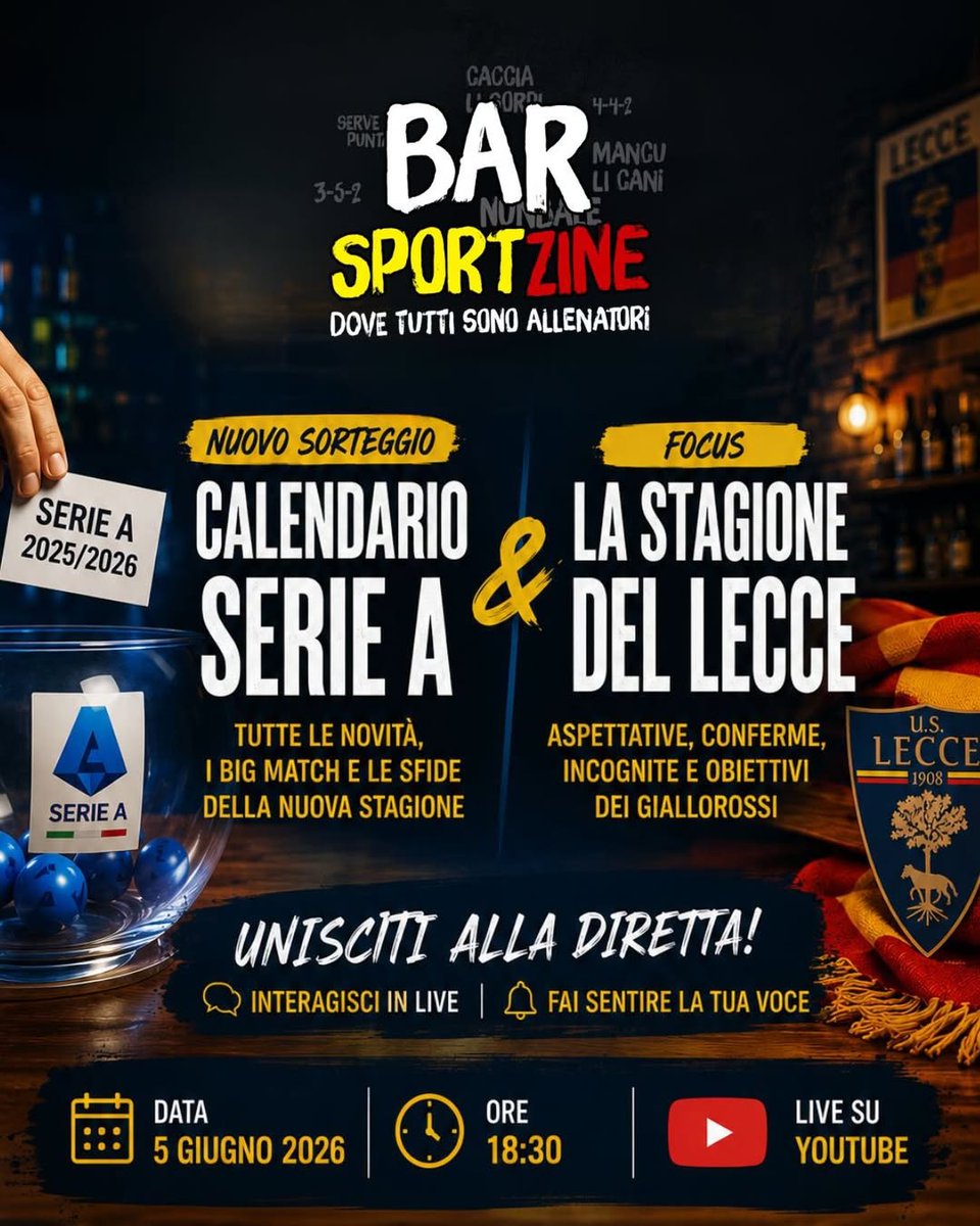Sportzine_it's tweet photo. Vi aspettiamo domani alle 18.30 in #live su #YouTube per una nuova puntata di #Bar #Sportzine ⚽💛❤️ Reagiremo al #calendario della #SerieA 26-27 e chiuderemo la #stagione con un #commento sul #campionato 🔥
#SerieAEnilive #Lecce
#Link #post #Instagram: https://t.co/gOv1qKrLe7 https://t.co/gr0Omql4ga
