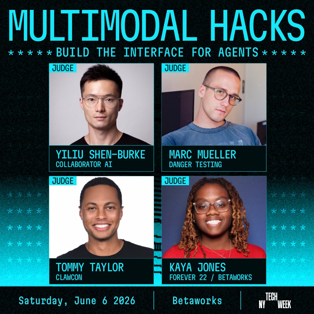 forever22ai's tweet photo. Forever 22 and @betaworks are hosting Multimodal Hacks this Saturday: a full-day hackathon on new interfaces for AI agents.

Over 500 people registered, but only 100 builders are getting into the room: engineers from Meta, Apple, Amazon, Google, Datadog, Visa, and TikTok; founders building across the agent stack; and students from NYU, MIT, Harvard, Berkeley, Cornell, and CMU. The mix is the point — interfaces for agents won't come from any one corner of the industry.

Featuring: • MC: Mari Zumbro (Filament) • AMA with @vintrotweets (Plastic Labs / Honcho) • Judges: @marcgmbh (Danger Testing), @0xtotaylor (ClawCon), @yiliush (Collaborator AI), and and Forever 22’s own @kayacancode , resident LLM whisperer at betaworks

Sponsors: @googledevs @GoogleDeepMind, @pinecone, @LangChain, @cursor_ai, @clerk, @sendbluehq