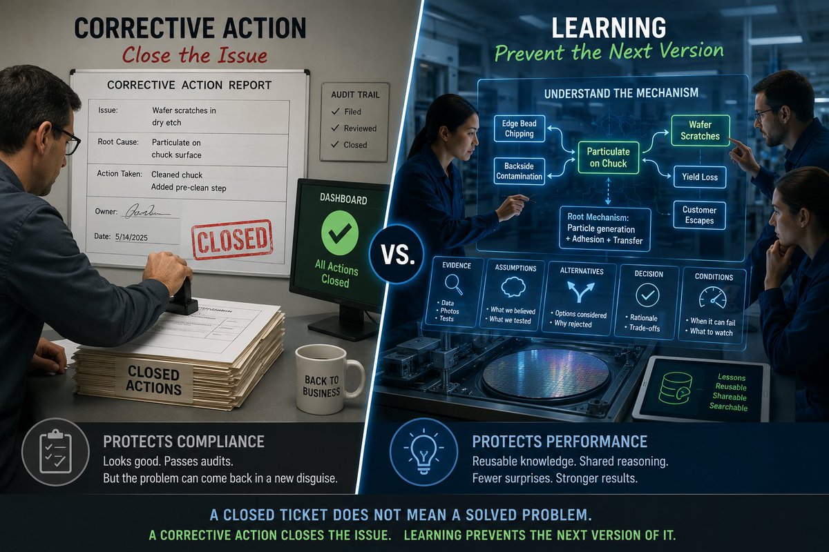 ShurikAg's tweet photo. A corrective action can make a dashboard turn green.  
That is useful.

It can also create a dangerous illusion: “We handled it.”

In manufacturing, QA, and engineering, closing the action is often treated as the finish line: form complete, owner sign-off, audit trail in place.

The better question is not:
“Did we close the action?”  

It is:
“Can the next team understand what we learned without starting from zero?”

Real learning leaves more than a fix. It leaves:

- the mechanism that caused the failure  
- the assumptions that were tested  
- the evidence behind the conclusion  
- the options that were rejected  
- the reasoning for the final decision  
- the conditions under which it may fail again  

In complex manufacturing, defects cross boundaries: process → quality → delivery → customer trust. Then a new ticket opens with a new title, and the cycle repeats.

A closed ticket protects compliance.  
Reusable learning protects the business.

The fastest‑improving organizations turn problem solving into institutional memory: visible models, traceable reasoning, shared language, and decisions future engineers can challenge, reuse, and improve.

A corrective action closes an issue.  
Learning reduces how many issues need corrective action at all.

What does your organization preserve after a problem is “closed”: the action, or the thinking?

#CorrectiveAction #RootCauseAnalysis #Quality #Manufacturing #ContinuousImprovement #Engineering #Semiconductor #Semiconductors #PRIZGuru