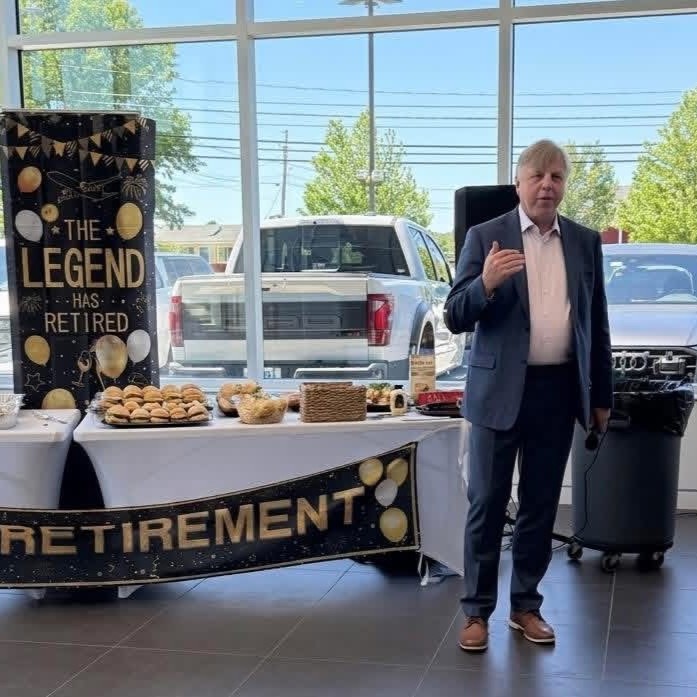 ICLautos's tweet photo. The legend is retired! 💙✨  ICL is proud to celebrate the retirement of Audi Stratham General Manager, Frank McLaughlin! Thank you, Frank, for all you've done for our customers, team, and community. Please join us in wishing Frank a very happy retirement! https://t.co/WZvqXw1K9p