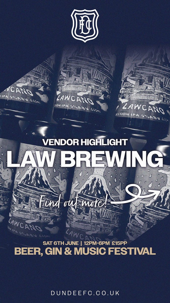DundeeFC's tweet photo. Introducing @LawBrewingCo

Law Brewing will be joining us at our Beer, Gin and Music Festival, taking place this Saturday, 6th June from 12pm-6pm.

Tickets are just £15pp and include one free drink.

Find out more and get your tickets 👇
https://t.co/P6nesHGRkx 

Presented alongside @Assai_UK