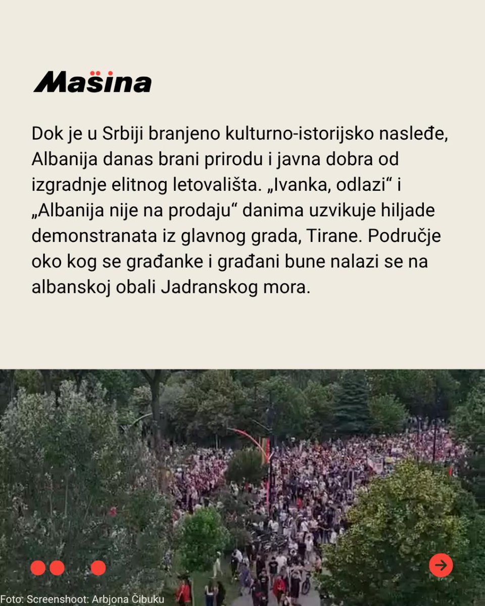 MasinaRS's tweet photo. Kušner je otišao iz Srbije, ali ne i sa Balkana. Hiljade građana Albanije danima protestuje protiv projekta izgradnje luksuznog odmarališta na zaštićenom području od strane kompanije povezane sa Džaredom Kušnerom, zetom Donalda Trampa. Pod sloganm „Albanija nije na prodaju“, demonstranti traže obustavu projekta i ostavku premijera Edija Rame.

Saznajte više na našem sajtu👇
https://t.co/m6KhFH3iUR