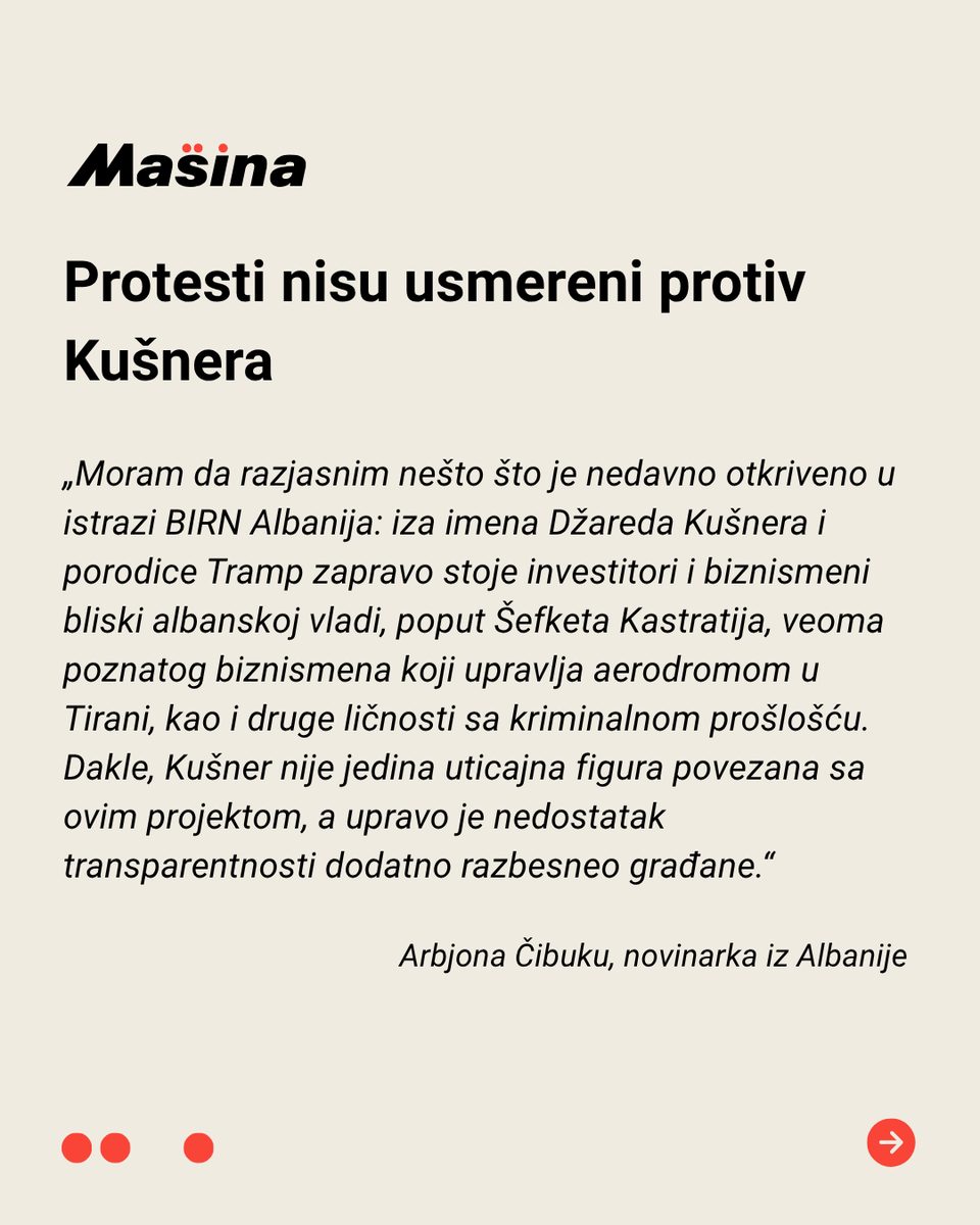 MasinaRS's tweet photo. Kušner je otišao iz Srbije, ali ne i sa Balkana. Hiljade građana Albanije danima protestuje protiv projekta izgradnje luksuznog odmarališta na zaštićenom području od strane kompanije povezane sa Džaredom Kušnerom, zetom Donalda Trampa. Pod sloganm „Albanija nije na prodaju“, demonstranti traže obustavu projekta i ostavku premijera Edija Rame.

Saznajte više na našem sajtu👇
https://t.co/m6KhFH3iUR