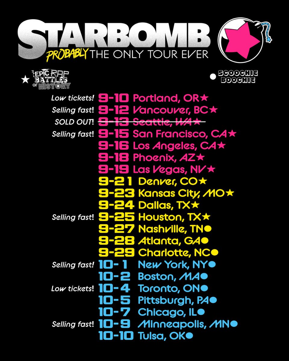 starbomb's tweet photo. Tickets are FLYING we can’t wait to see you all on our probably only tour ever!!! Seattle is SOLD OUT!!! (unless 👀😏) https://t.co/ucexoSIW3t